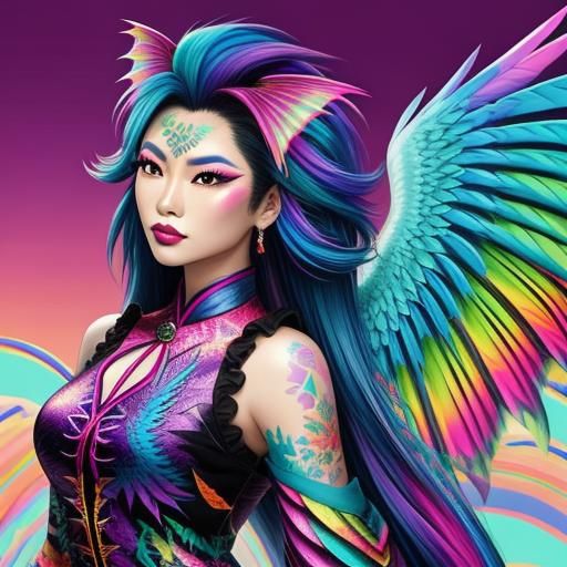 Asian Woman with Dragon Scales in Synthwave Style