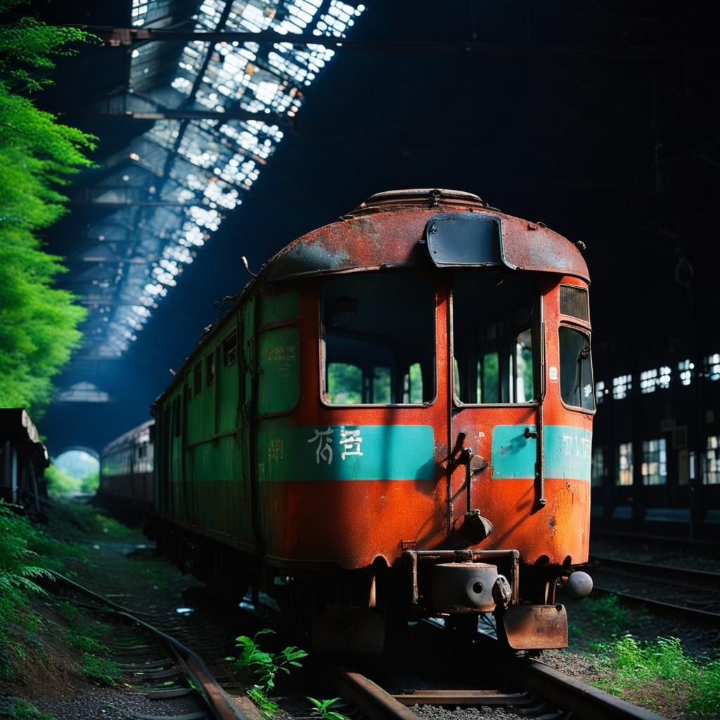 Abandoned Tokyo Railway Station with Rusty Wagon