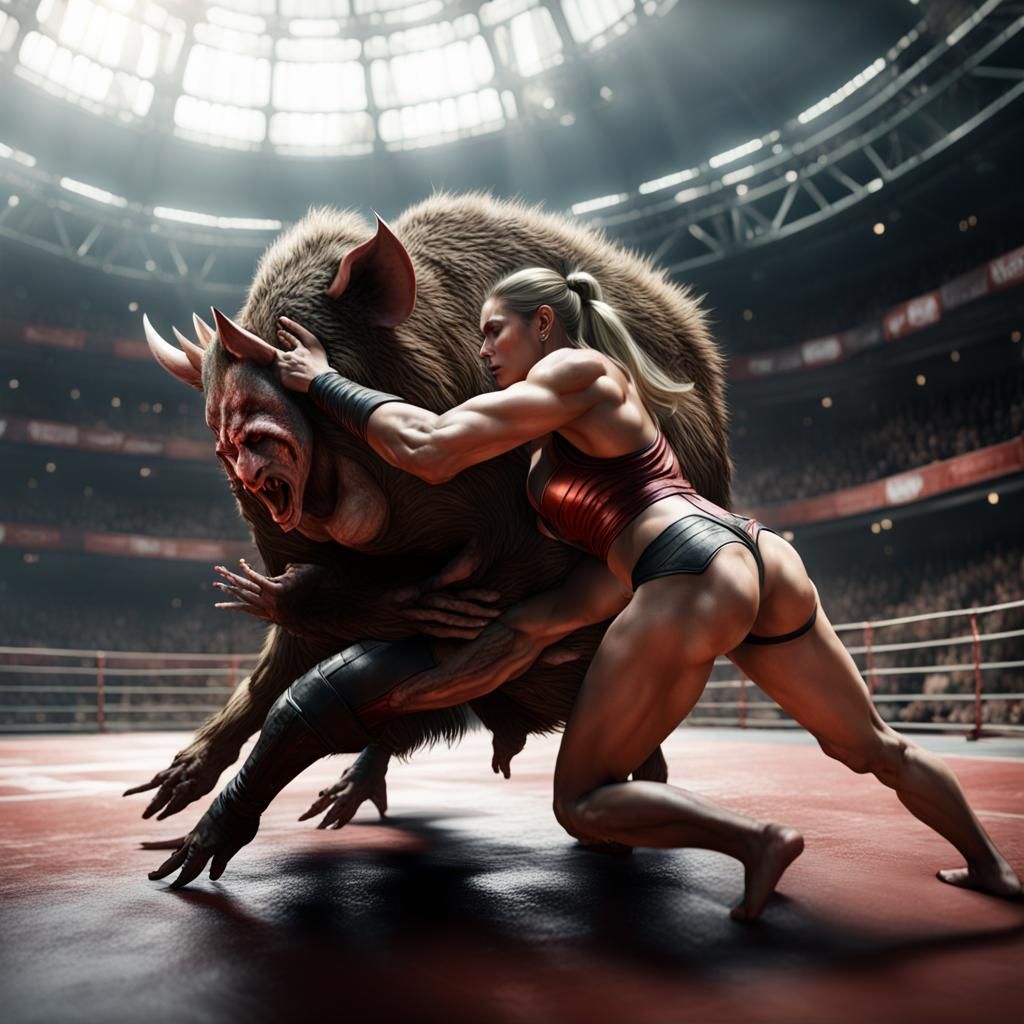 Elven Wrestler Versus Boar in Hyperdetailed Arena