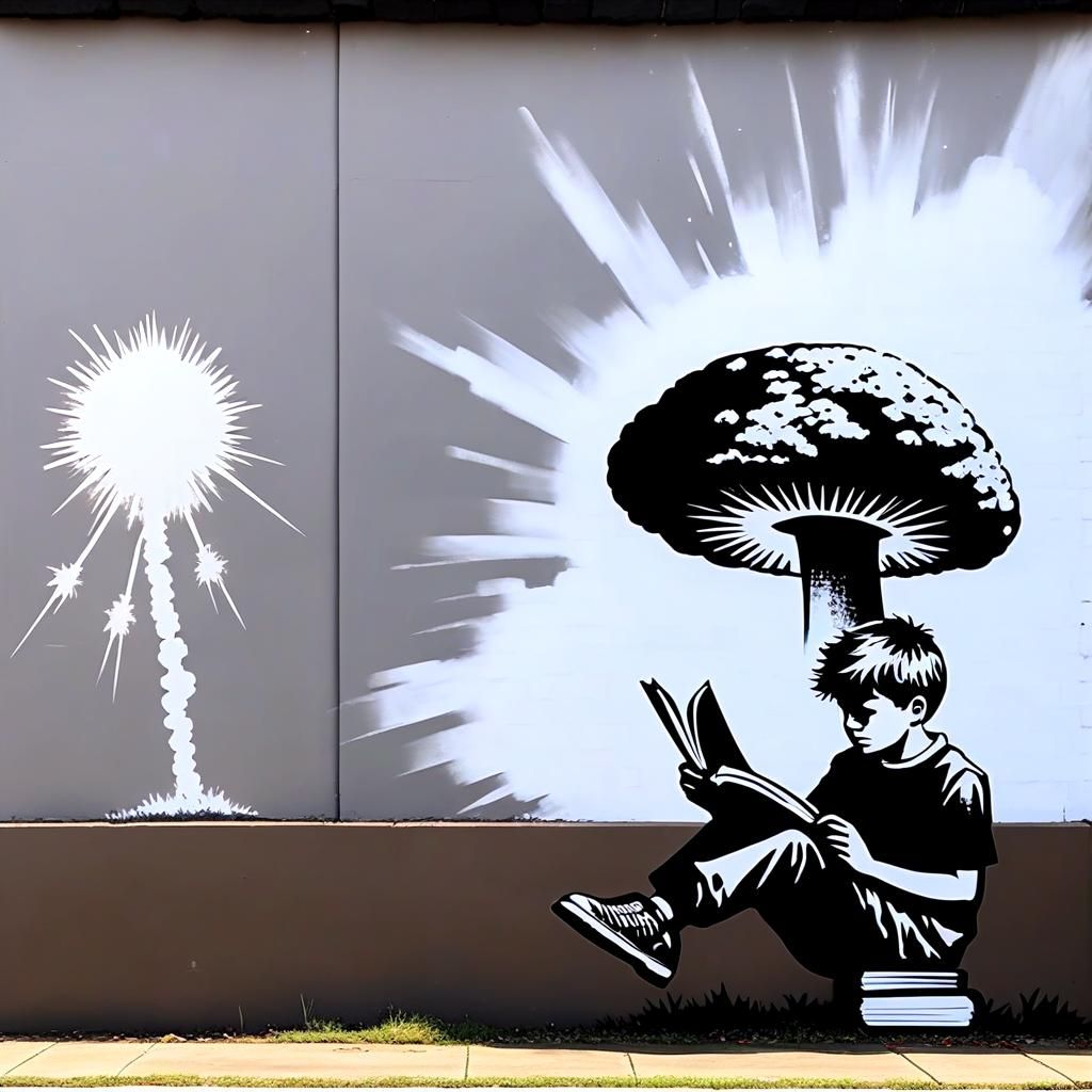Dystopian Future: Boy Reads Under Atomic Sky