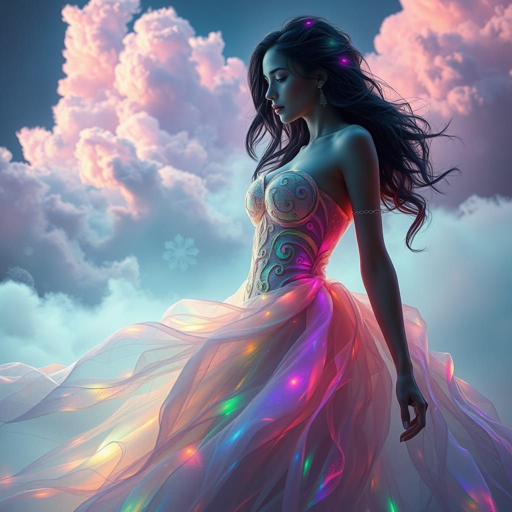 Enchanted Lady in Iridescent Gown, Shimmering with Otherworl...