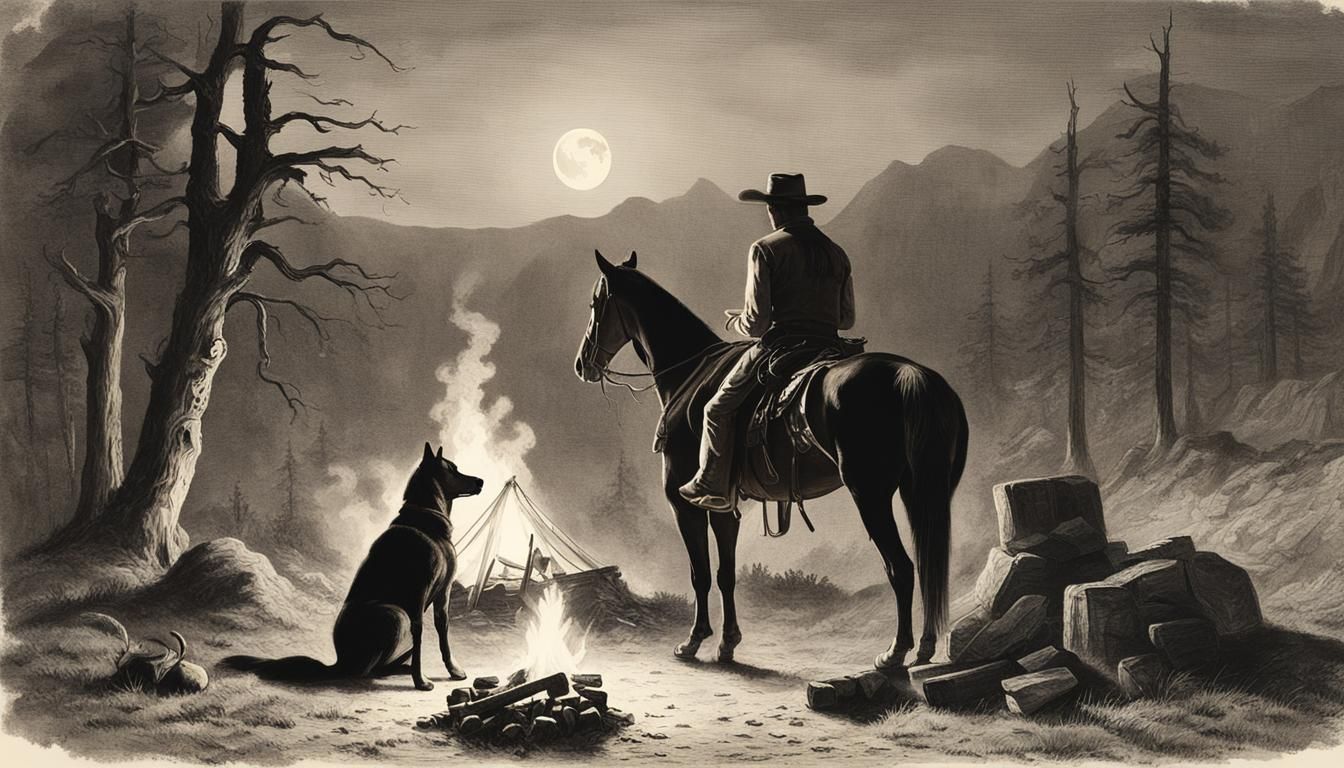 Cowboy and Dog Campfire Scene in Bierstadt Style