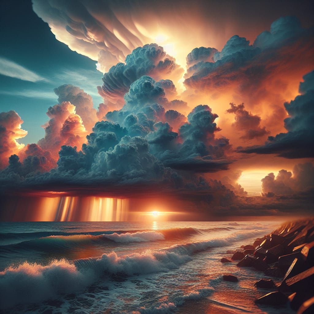 Dramatic Sunset Storm Clouds over Beach