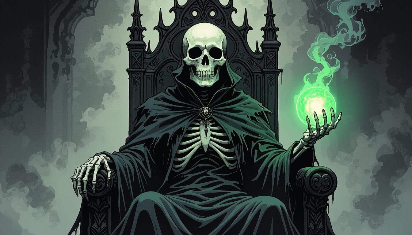 Skeletal King on Gothic Throne Holding Glowing Orb