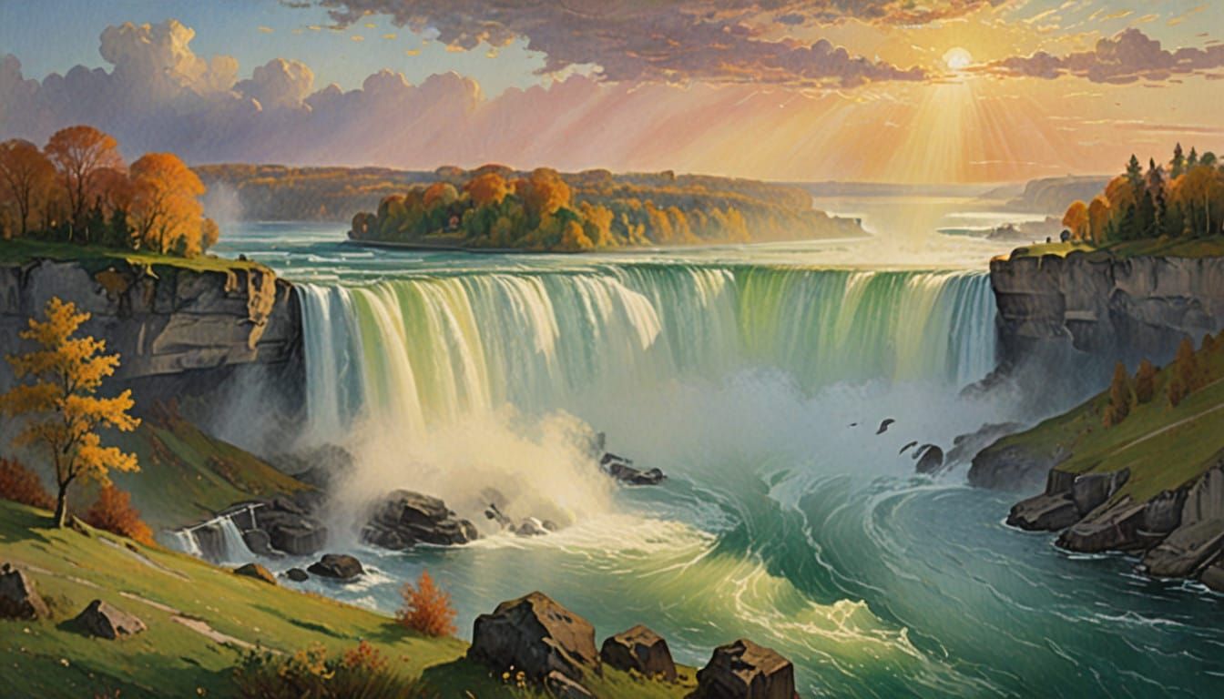 Majestic Niagara Falls Glows in Ethereal Golden Light at Daw...