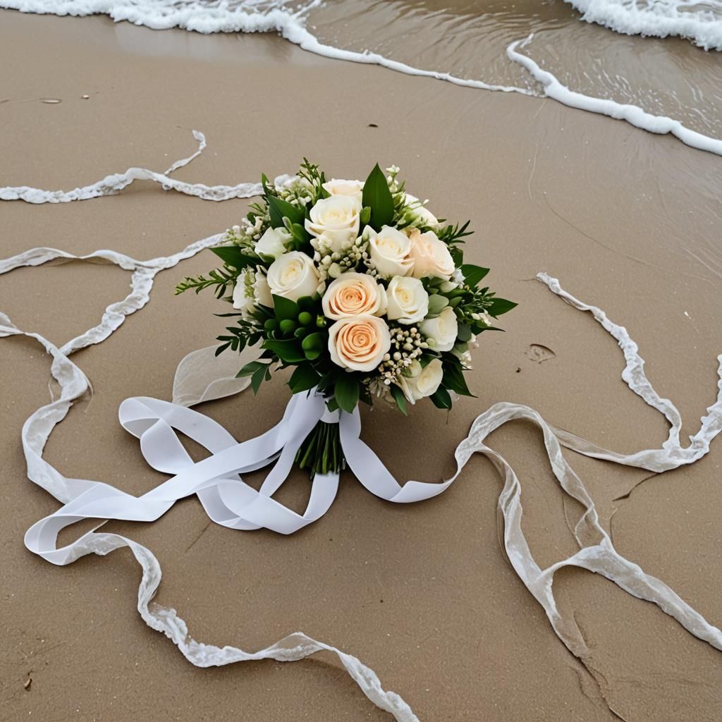 Bridal Bouquet on Beach with Gentle Waves