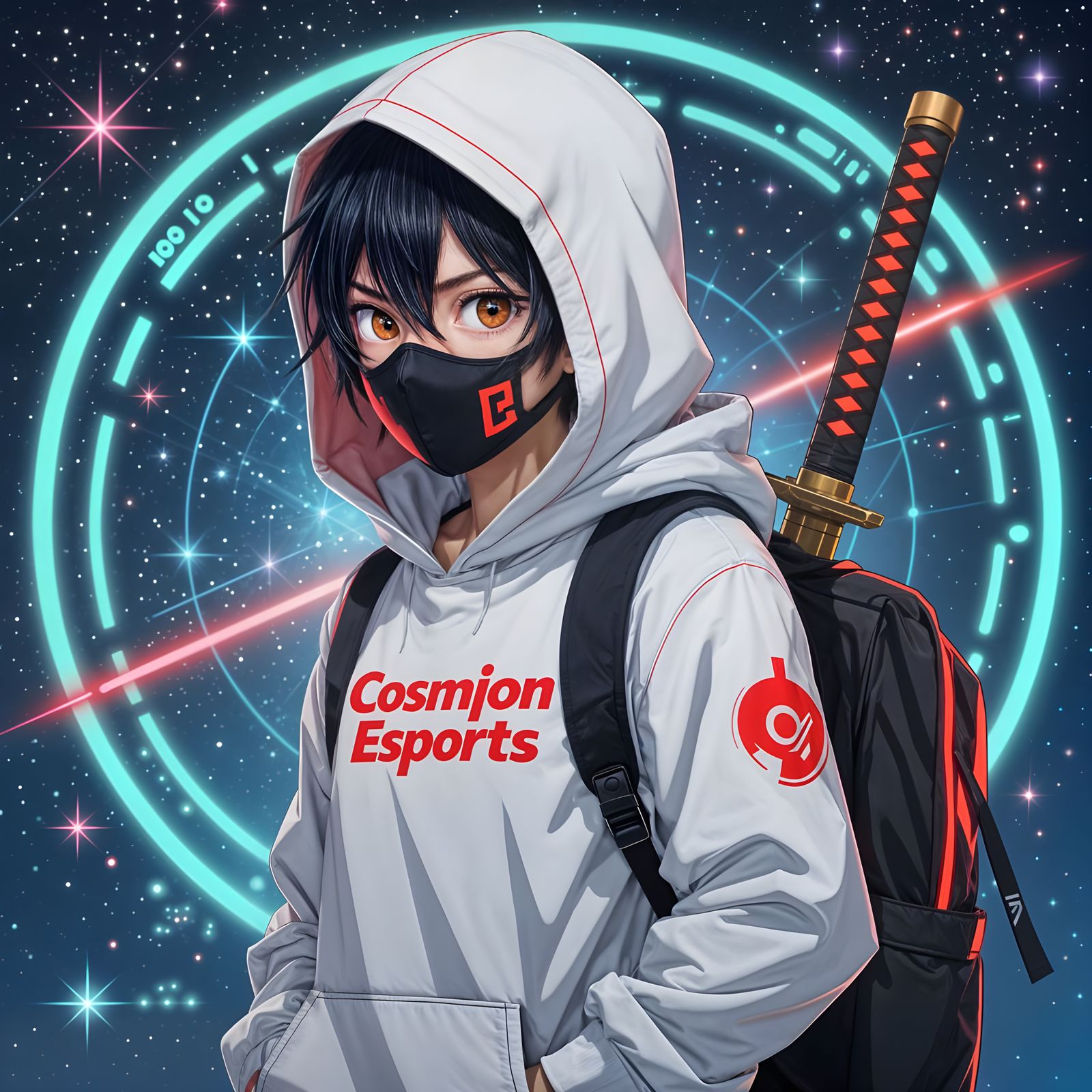 Anime Esports Logo with Masked Teen and Katana