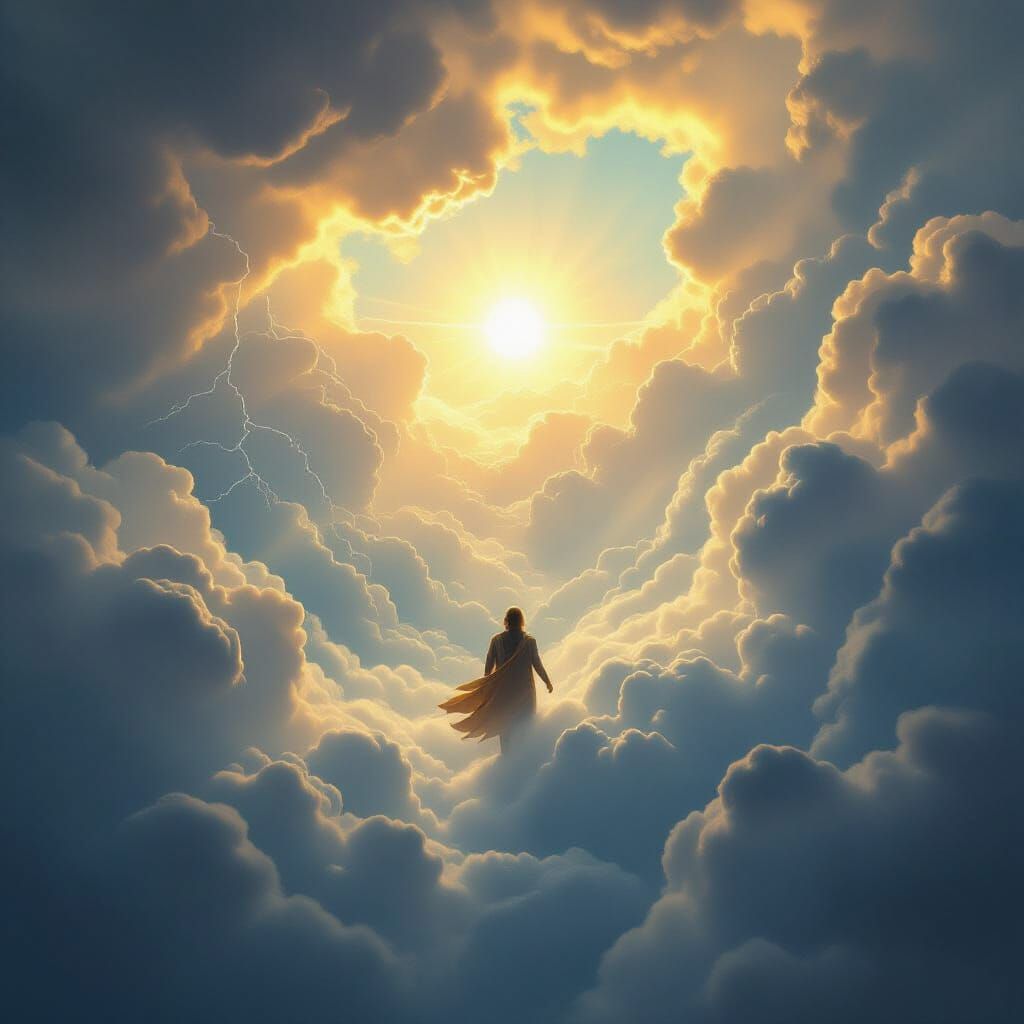 Figure Emerges From Storms Into Golden Sunlight