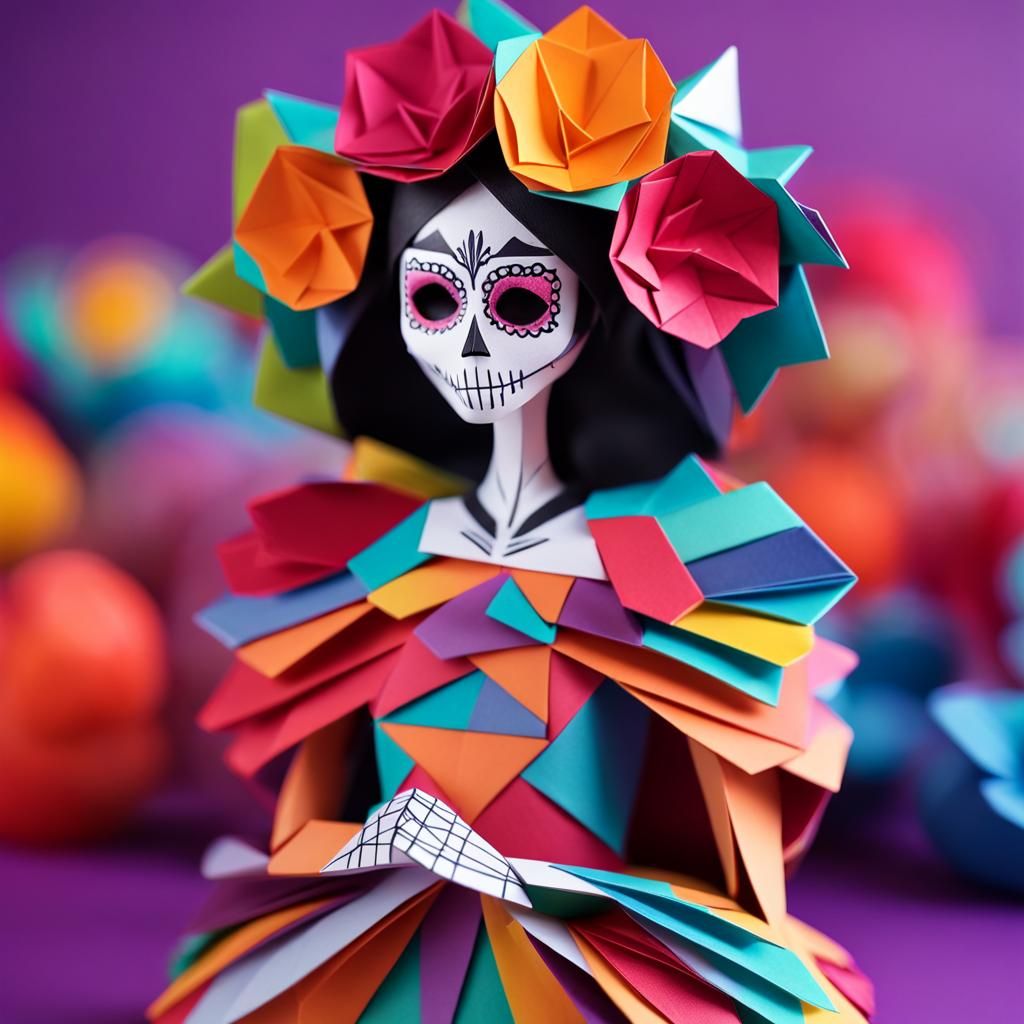 Colorful Origami Papercraft Catrina Woman in 8K
