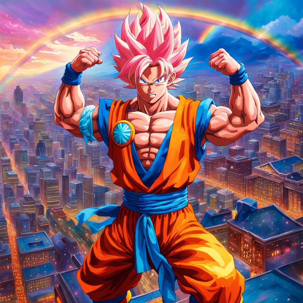 Rainbow Super Saiyan Warrior Over Metropolis