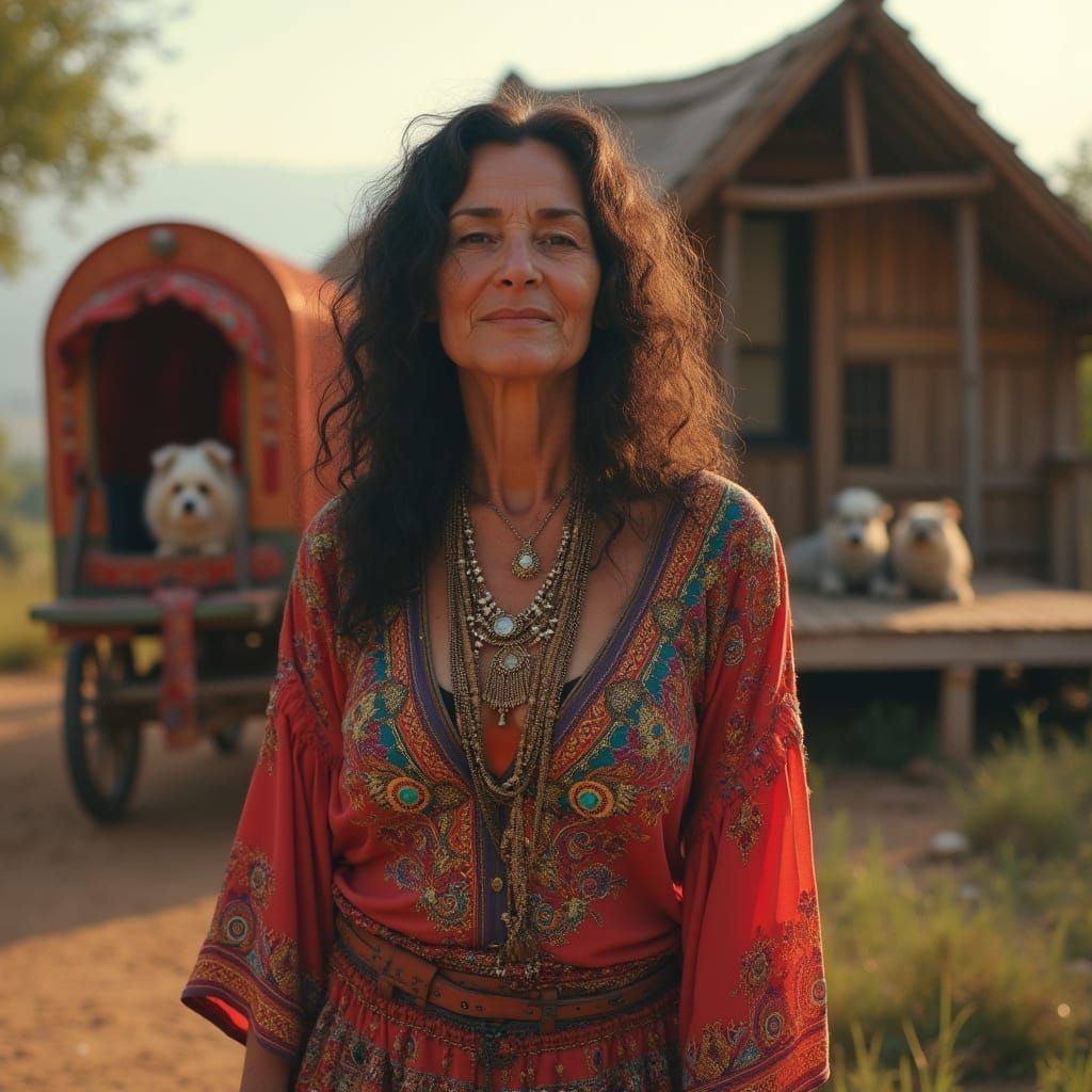 Middle Eastern Gypsy Woman by Ornate Wagon at Golden Hour