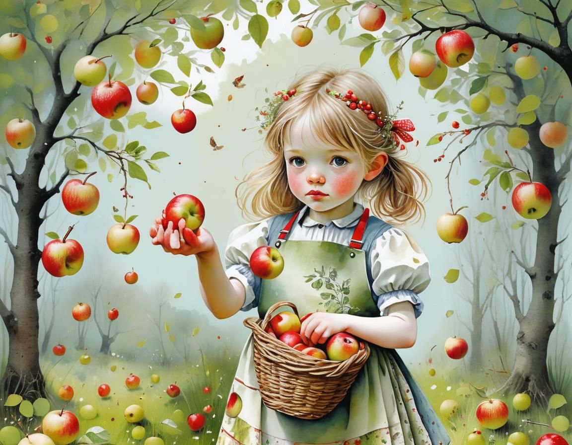 Girl Collecting Apples: Intricate Digital Portrait