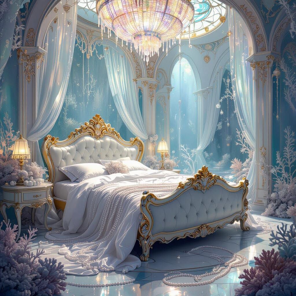 Grand Sea-Themed Ballroom with Ornate Bed in Art Nouveau Sty...