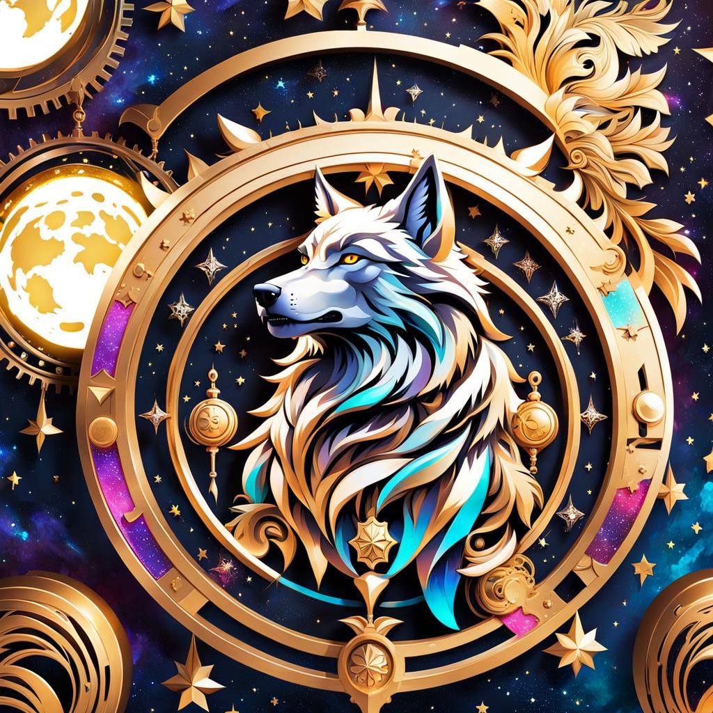 Steampunk Fantasy Wolf Under Starry Moonlit Sky