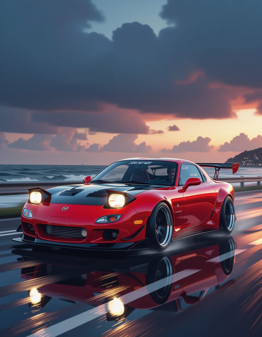Red Mazda RX7 Speeds on Rainy Coastal Road