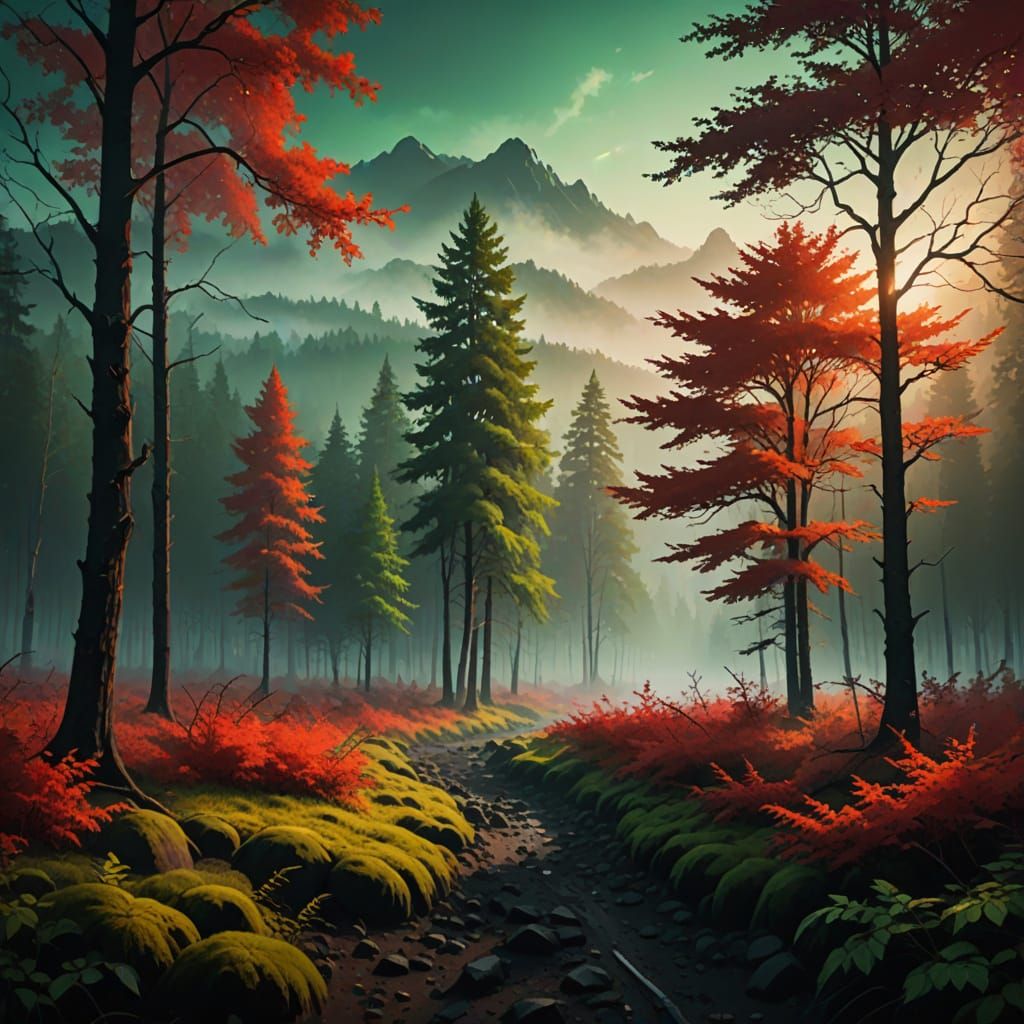 Red Taiga in Black and Green as Oil Painting