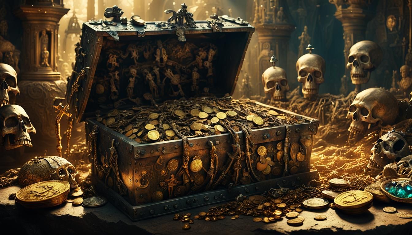 Ancient Treasure Hoard with Gold Coins in Fantasy Art Style