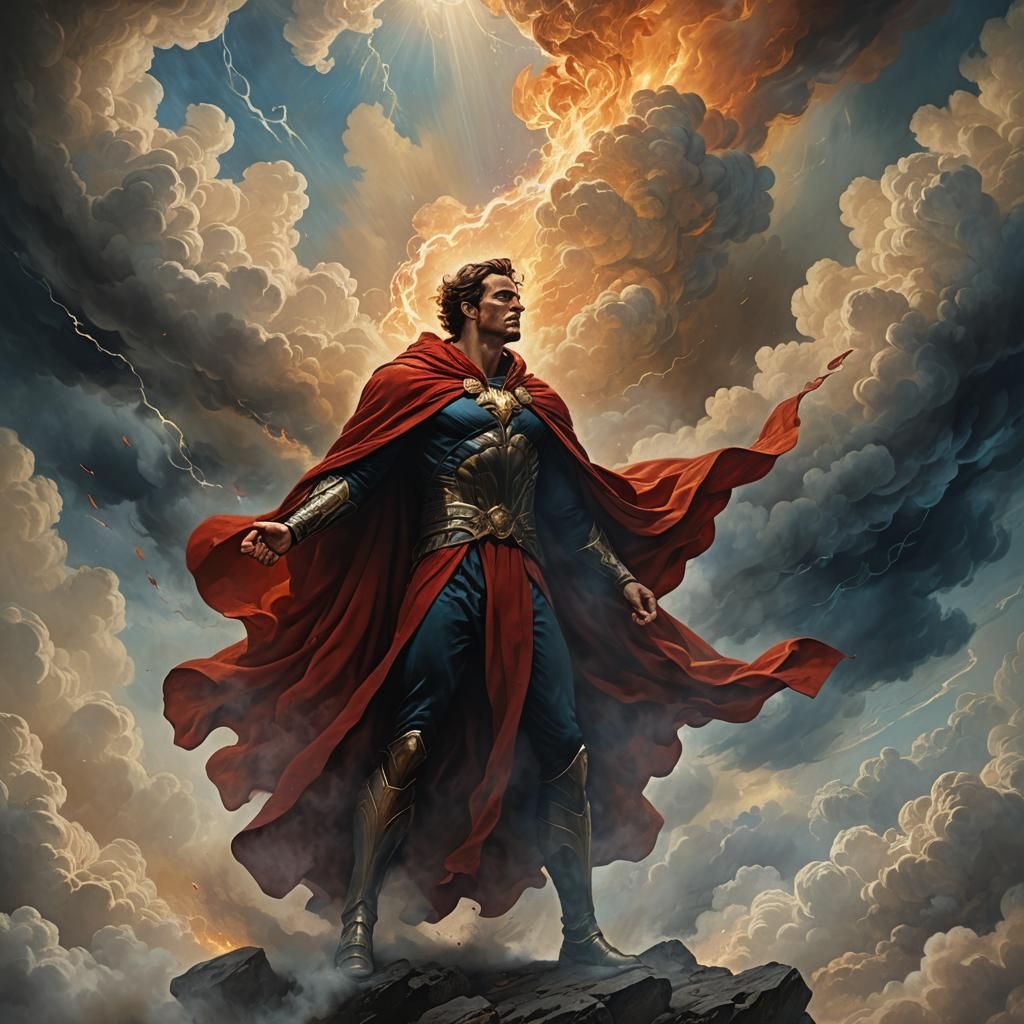 Fiery Superhero in Mystical Realm, Oil Painting