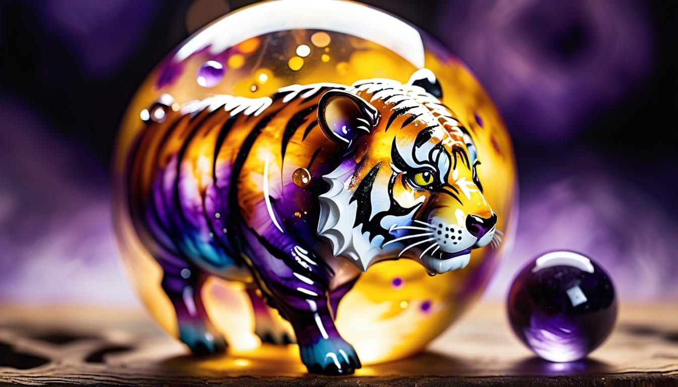 Tiger-Pig Hybrid Pushing Amethyst Ball in Alcohol Ink