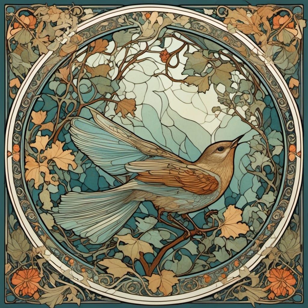 Art Nouveau Leaf Pattern with Bird in Cool Colors