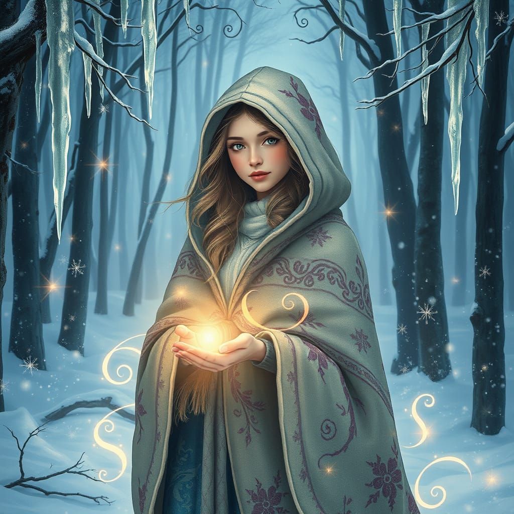 Ethereal Woman in Winter Forest, Surreal Art