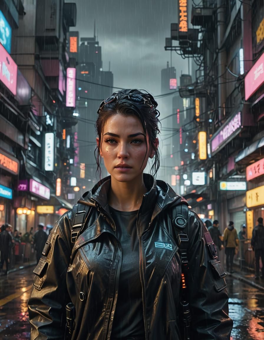 Cyberpunk Protagonist in Rainy City, Splash Art