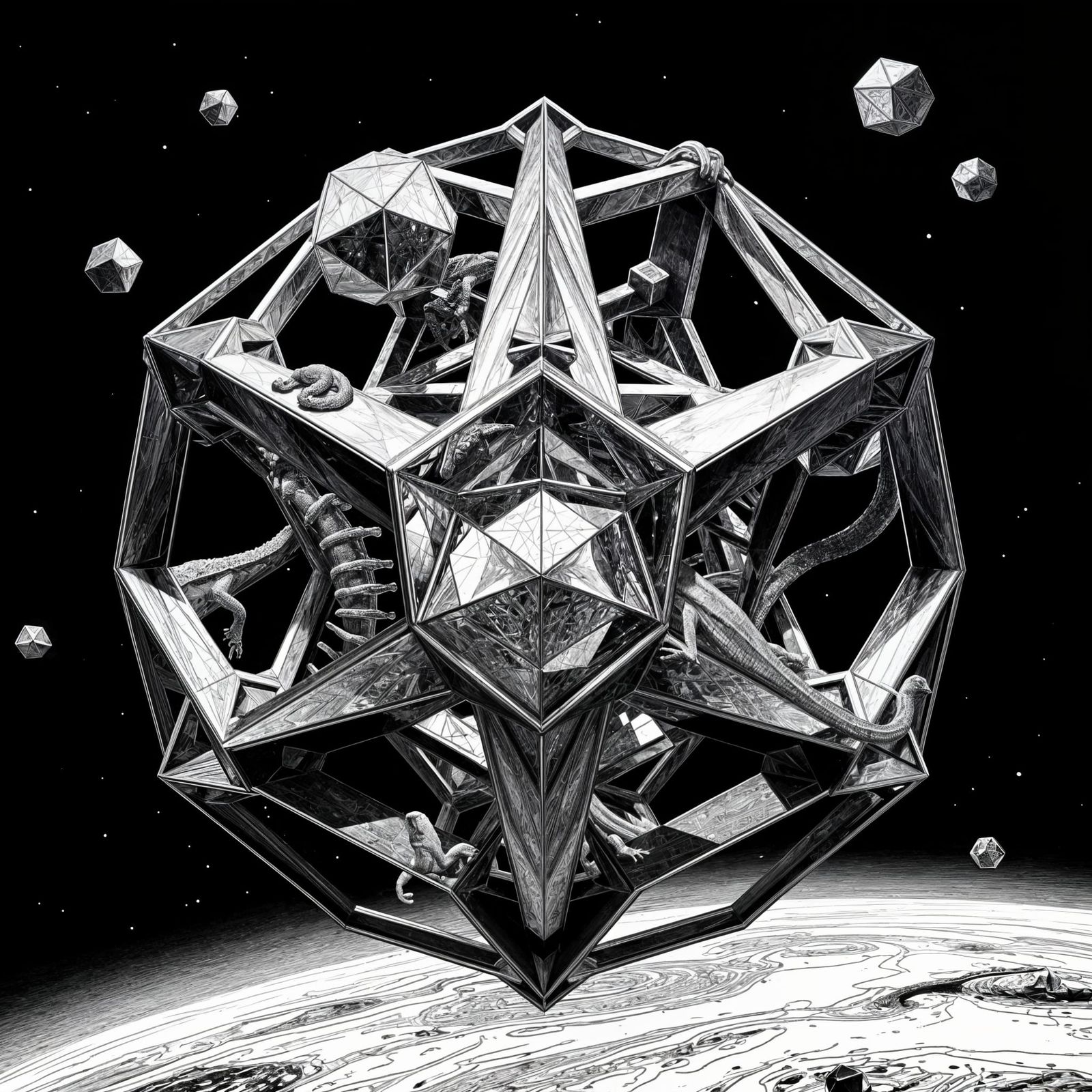 Escher-Inspired Geometric Solids in Deep Space
