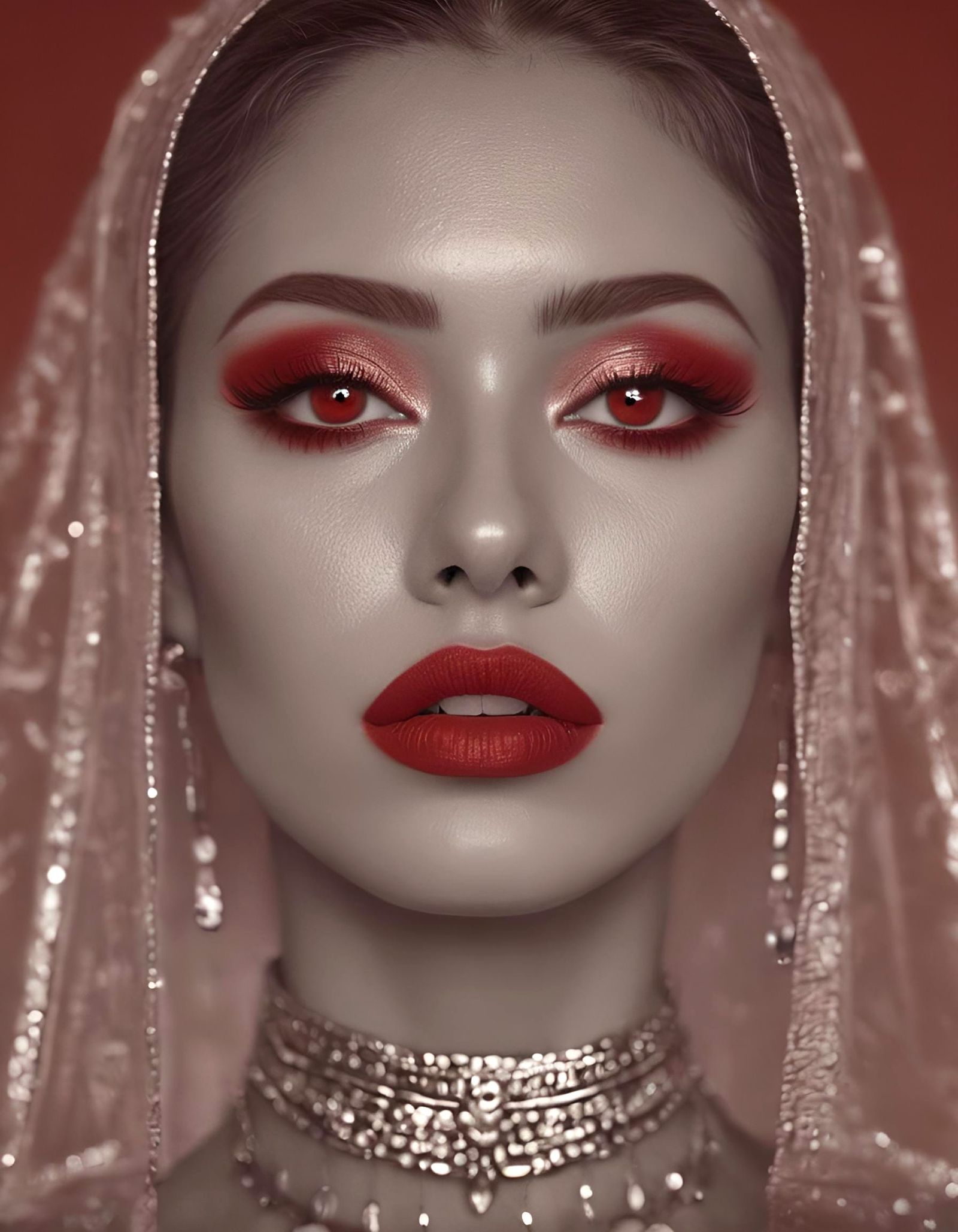 Her eyes gleamed like scarlet jewels