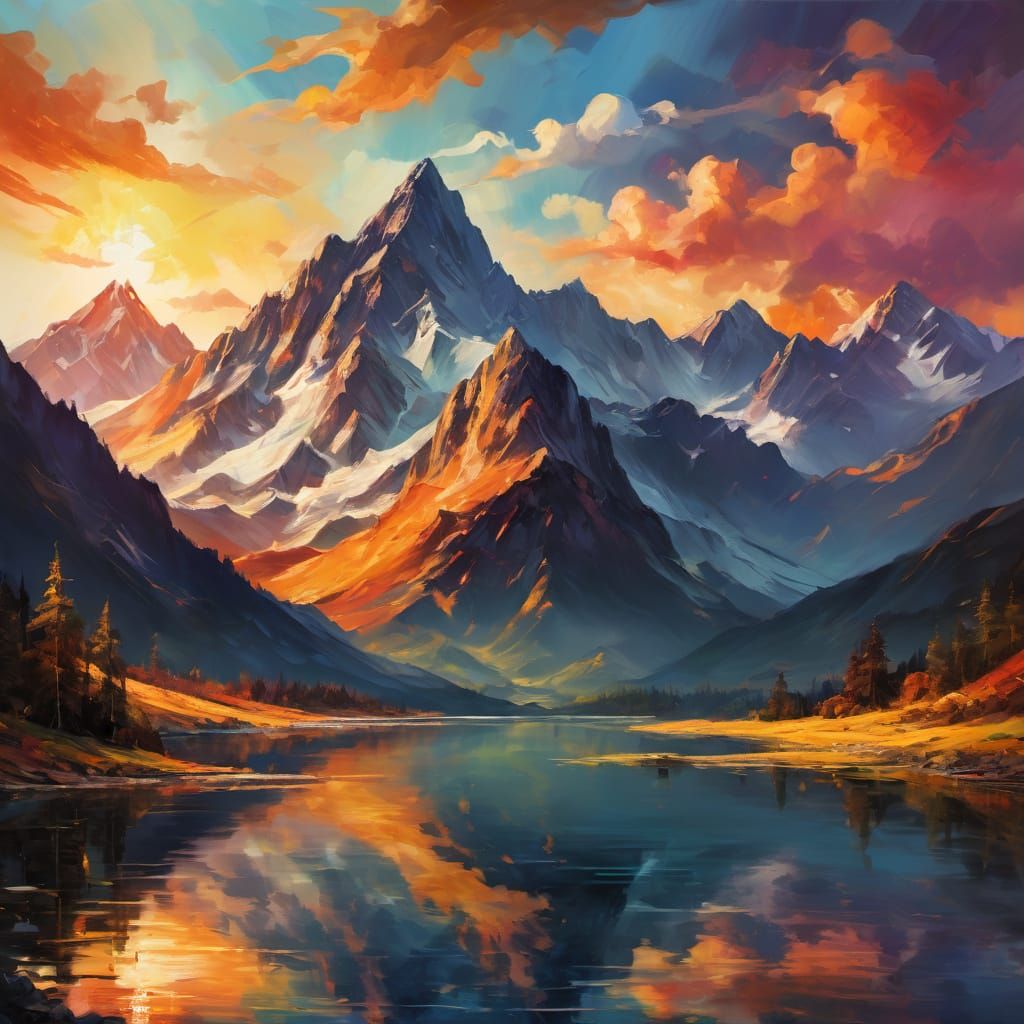Majestic Mountain Sunset in Vibrant Oil Painting