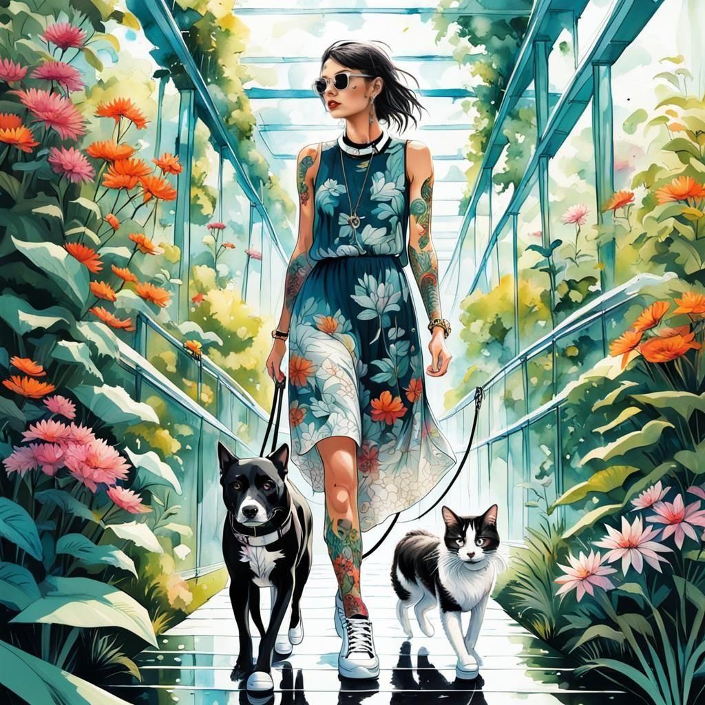 Woman with Tattoos in Futuristic Garden Scene