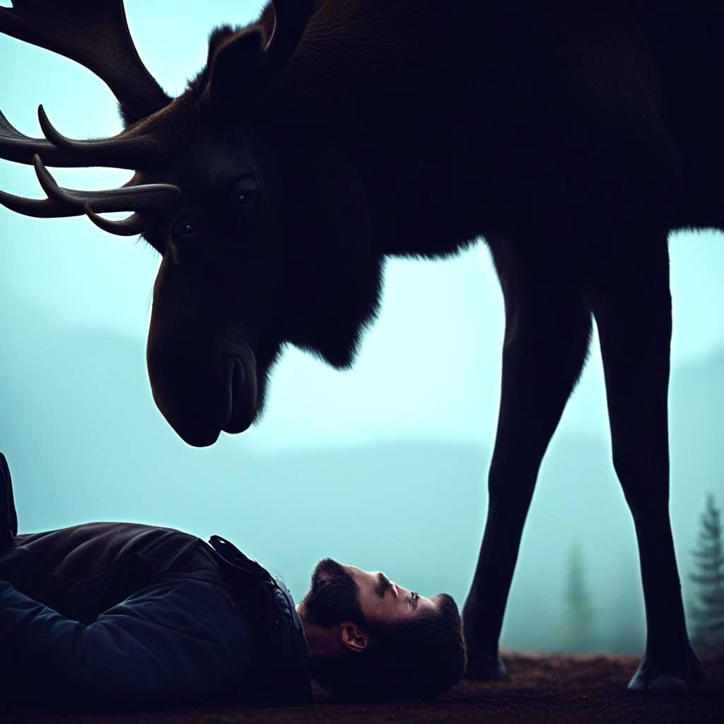 Moose Observes Man Lying Down: Professional Photography