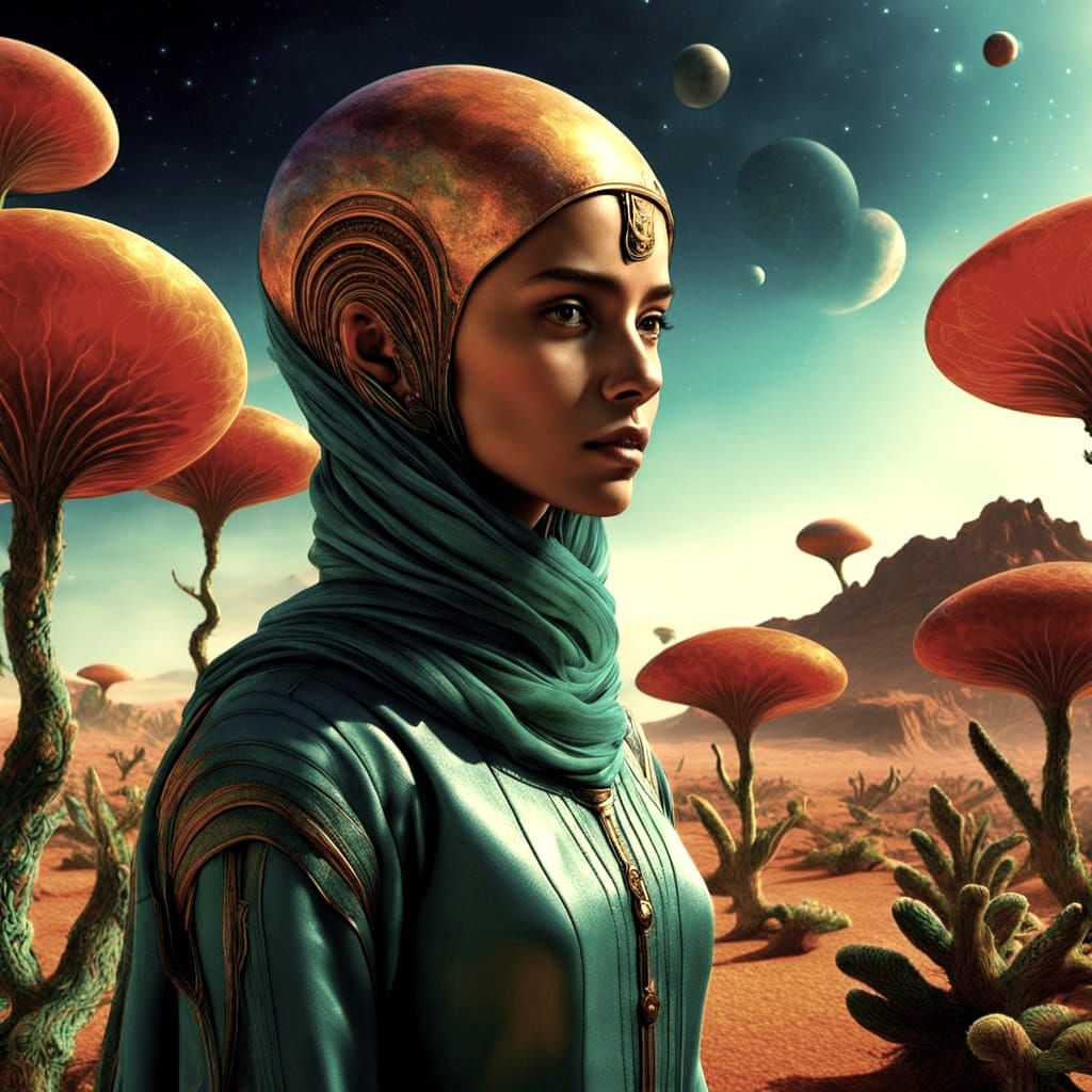 Middle Eastern Woman Tends Alien Garden by Desert Trail