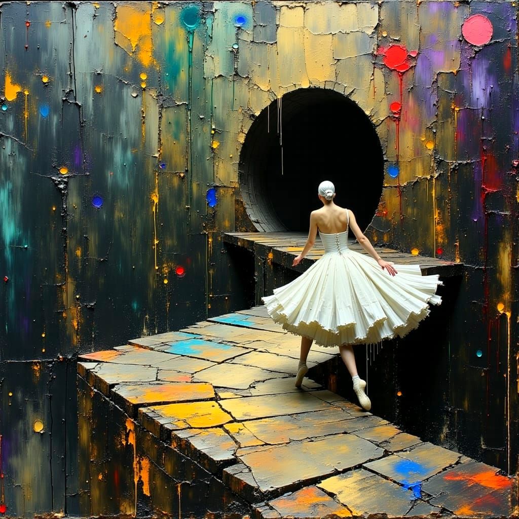 Ballerina Dances Over Chasm to Portal in Surreal Impasto Sty...