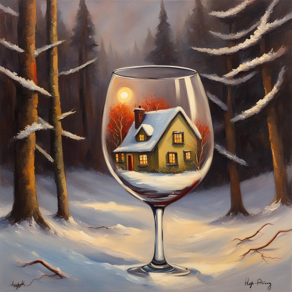 Winter Cottage in Wine Glass: An Oil Painting