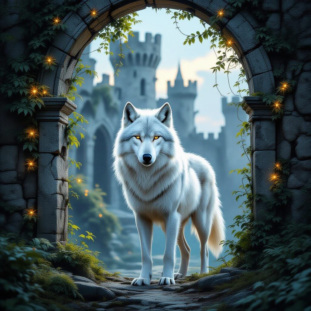 Majestic White Wolf Guards Ruined Castle in Twilight