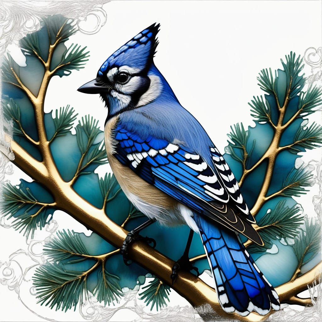 Gilded Bluejay Amidst Vibrant Evergreen