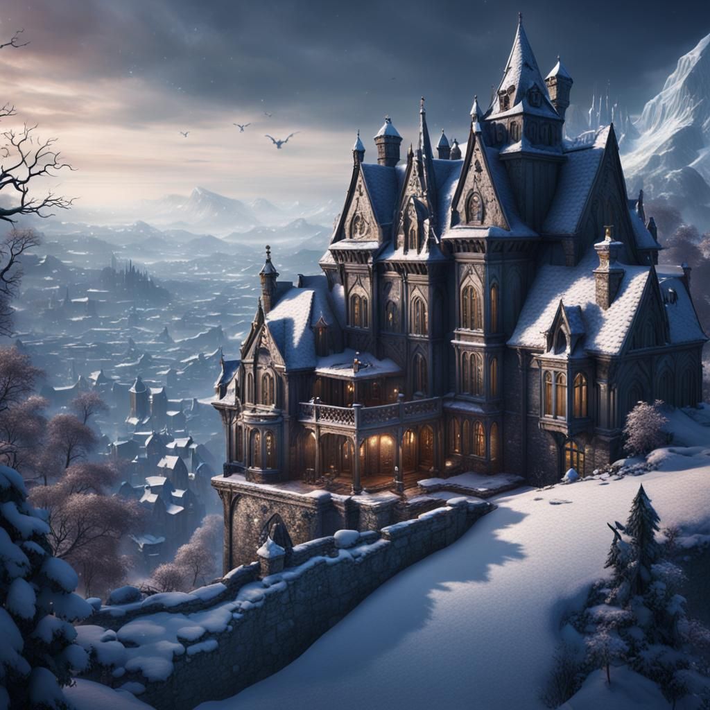 Gothic Mansion Overlooks Snowy Village in Matte Painting
