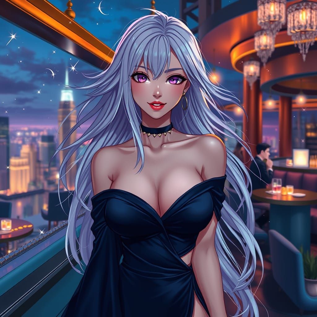 Anime Woman in Rooftop Bar, Digital Painting Style