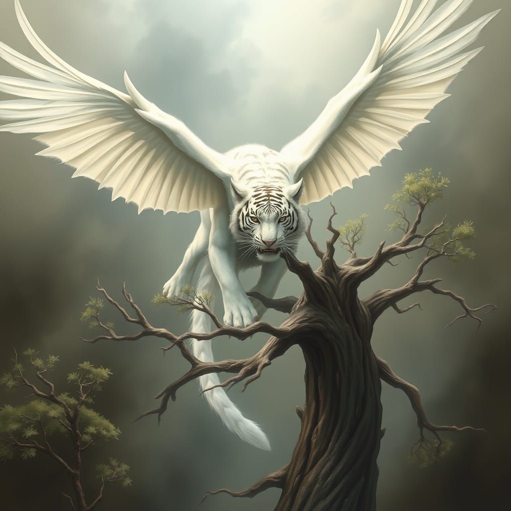 Majestic Albino Tiger Soars Through Dreamscapes with Treefol...