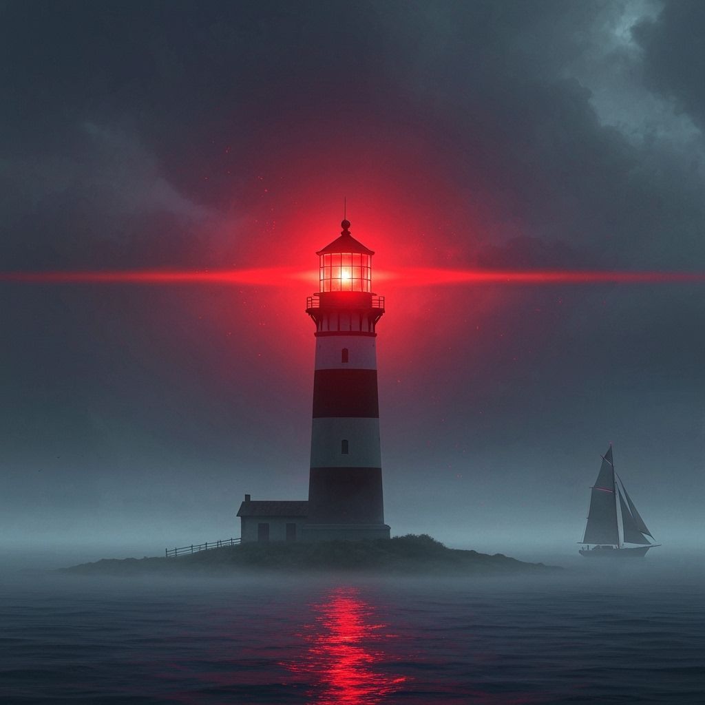 Majestic Lighthouse Radiates Red Light in Epic Painting