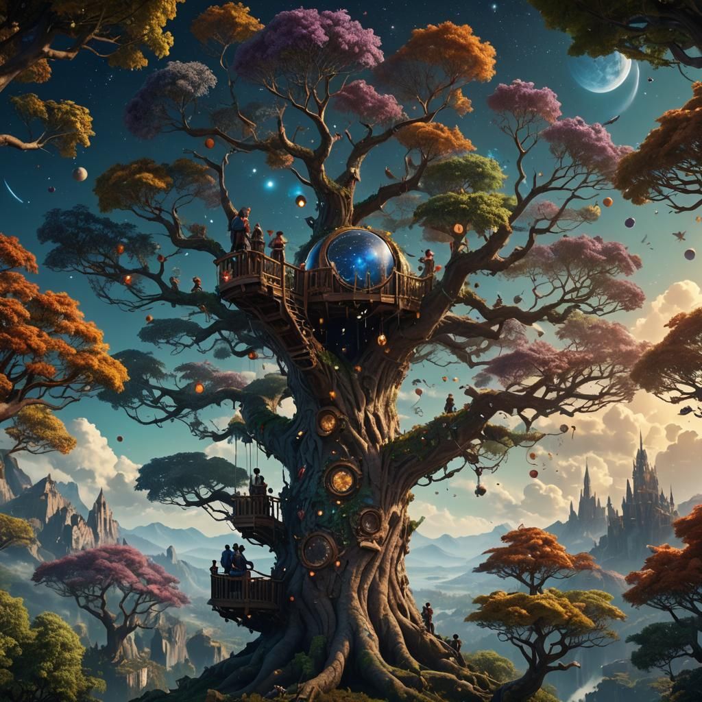 Family on a Tree Admiring Starry Sky