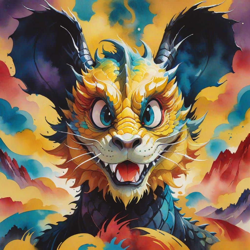 Wise Dragon on Misty Mountain, Ink and Gouache