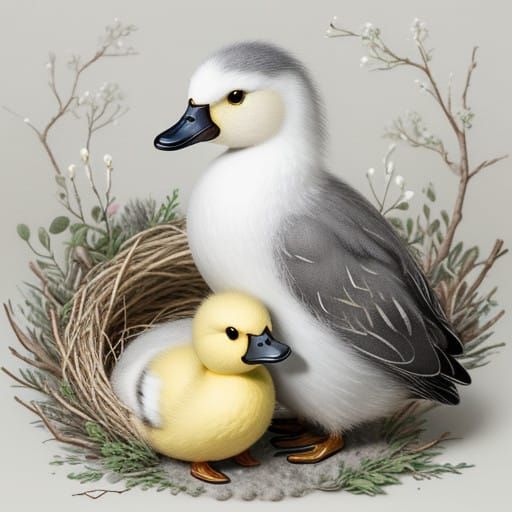 Quaint Felt Duckling Scene in Folk Art Style