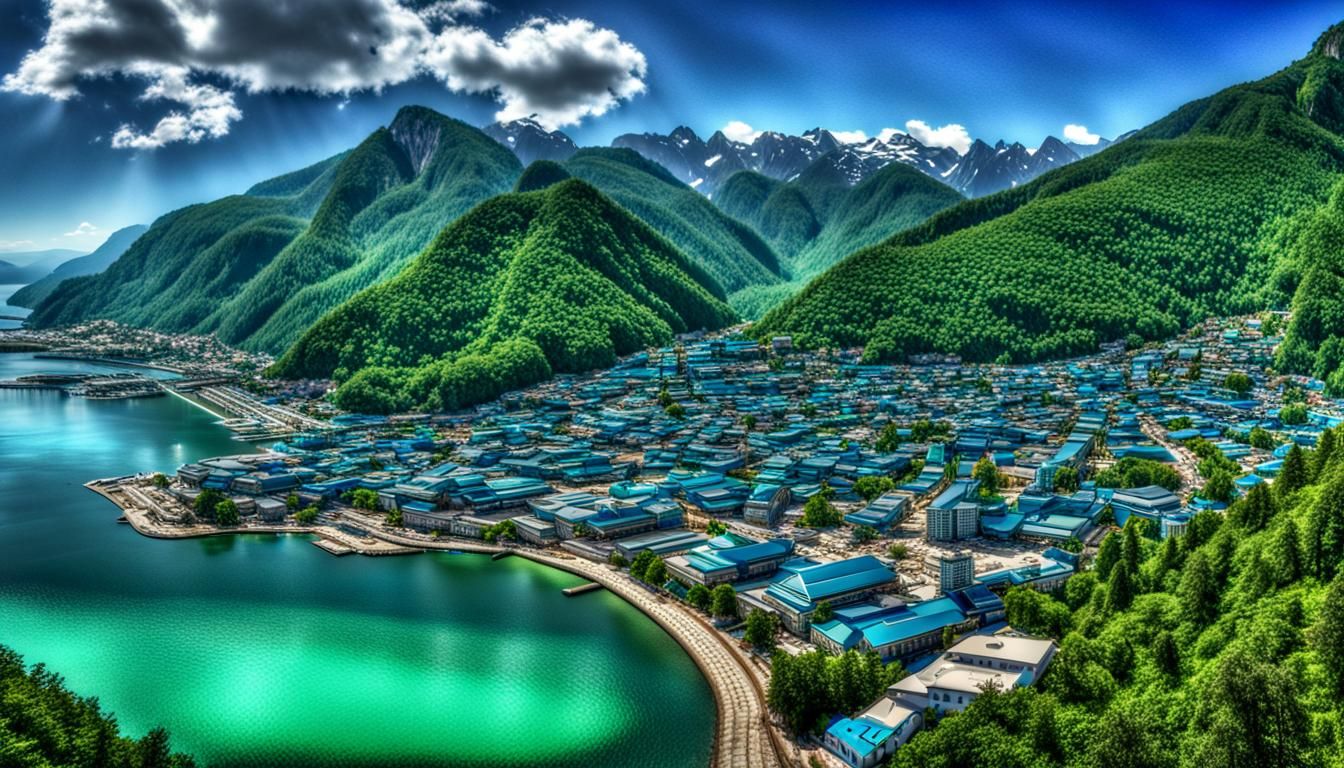 Sapphire City in Emerald Mountains: Hyperrealistic HDR Image