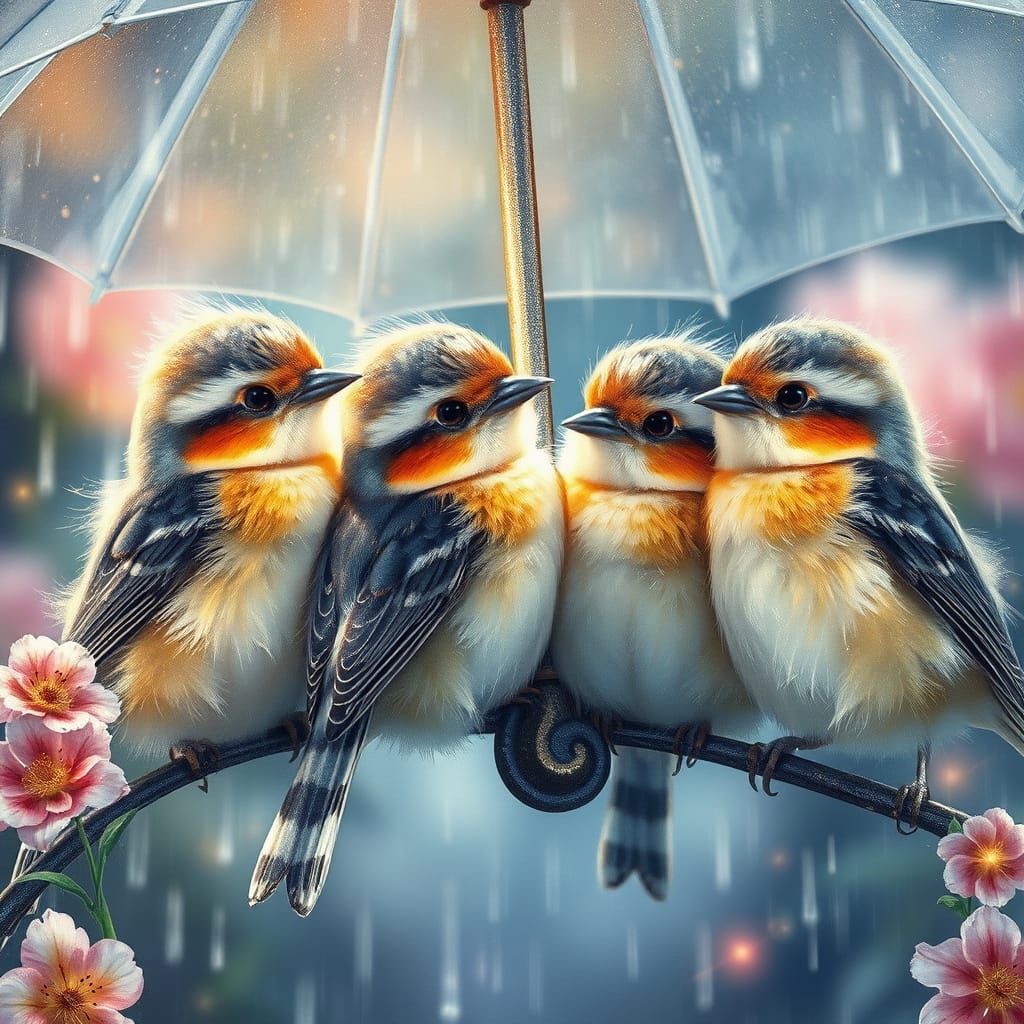 Whimsical Birds Shelter from the Rain in a Jean-Baptiste Mon...