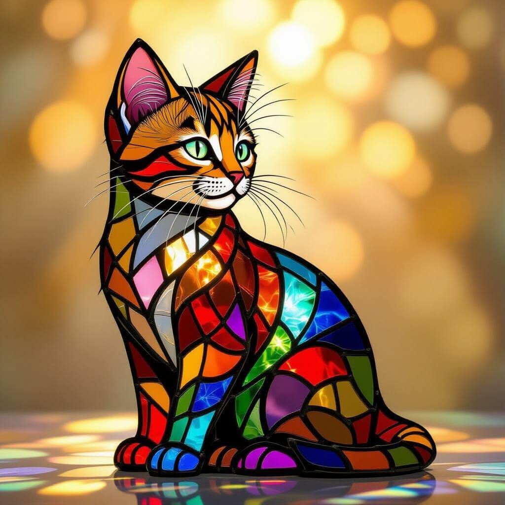 Vibrant Stained Glass Kitten in Art Nouveau Style