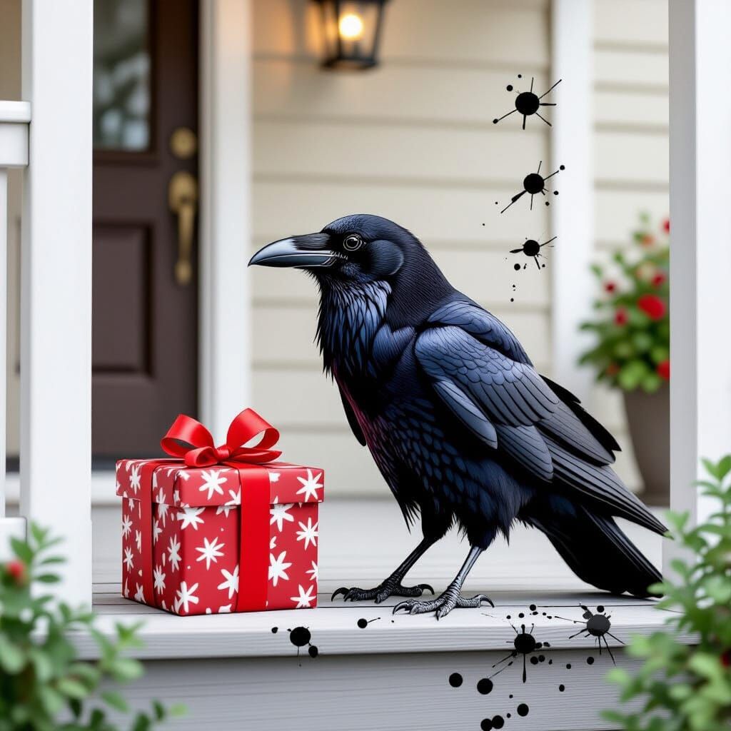 Raven Presents a Gift on Porch in Ink Splatter Style
