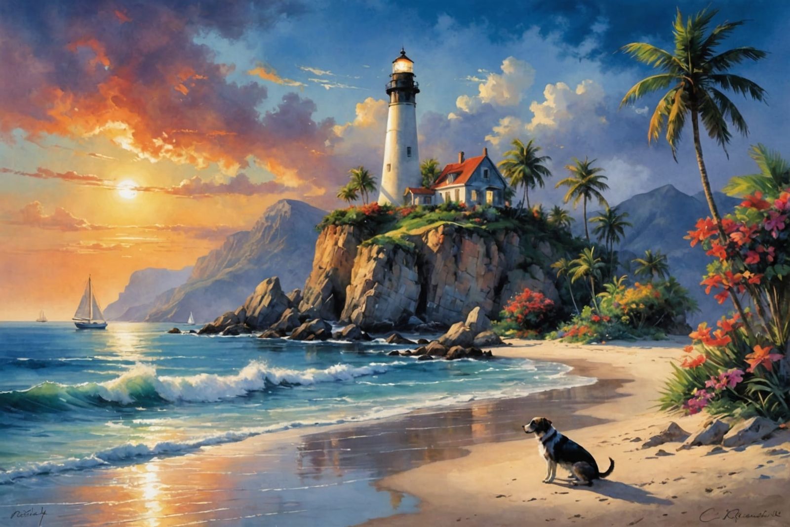 Tropical Island Sunset Watercolor Painting