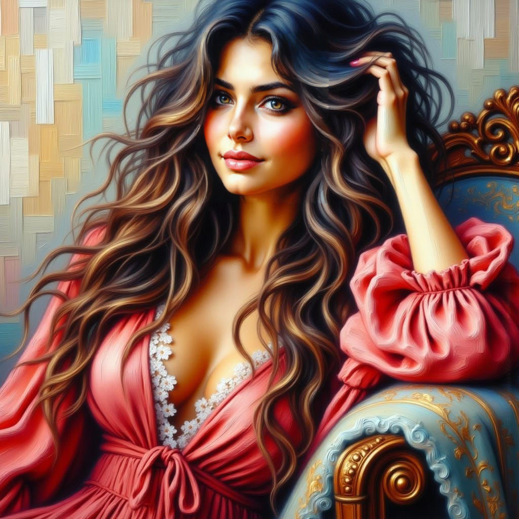 Elegant Oil Painting of a Pensive Latino Woman