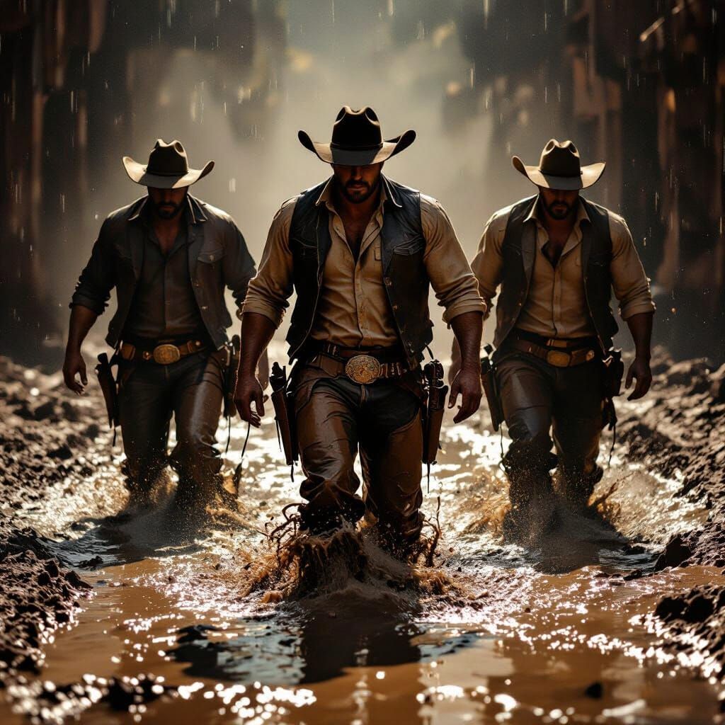 Cowboys Struggle Through Deep Mud in Dramatic Lighting